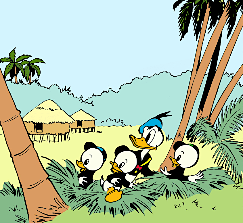 Donald and the nephews hiding in jungle undergrowth